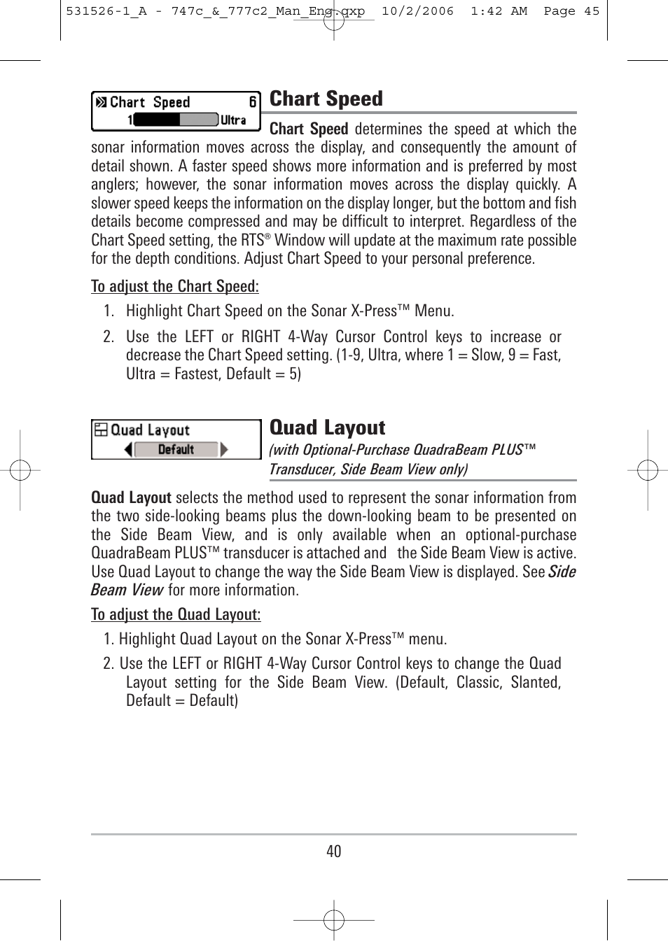 Chart speed, Quad layout | Humminbird 777c2 User Manual | Page 45 / 96