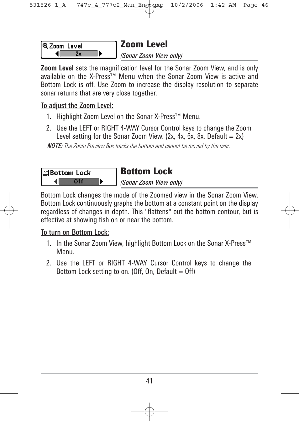 Zoom level, Bottom lock | Humminbird 777c2 User Manual | Page 46 / 96