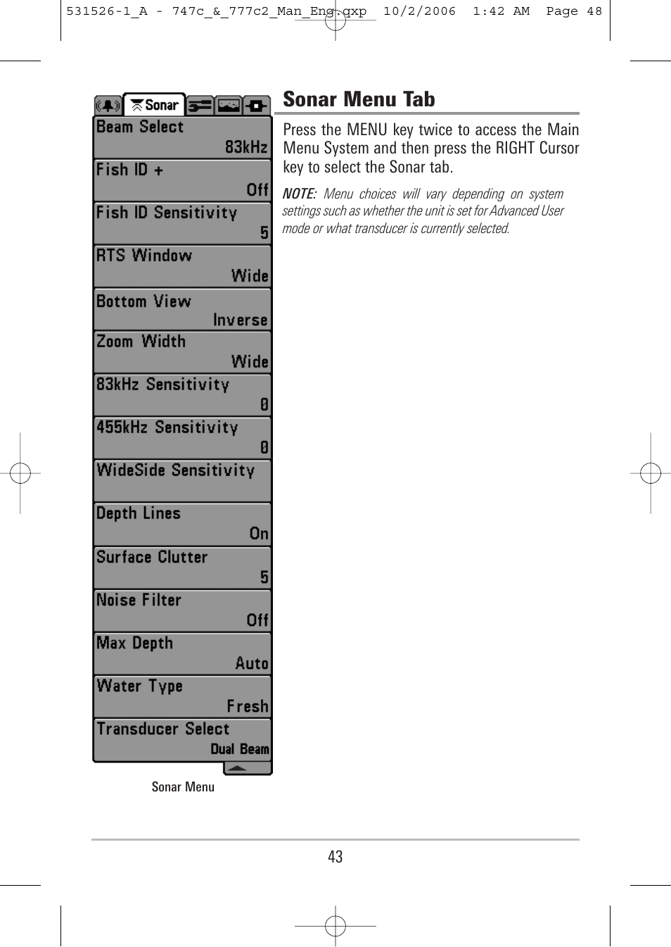 Sonar menu tab | Humminbird 777c2 User Manual | Page 48 / 96