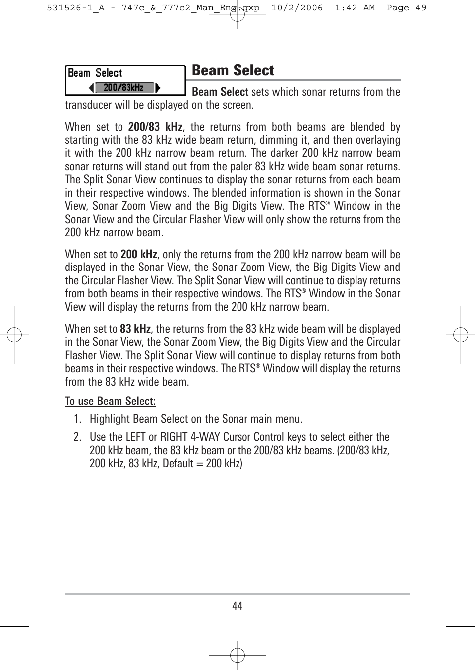 Beam select | Humminbird 777c2 User Manual | Page 49 / 96