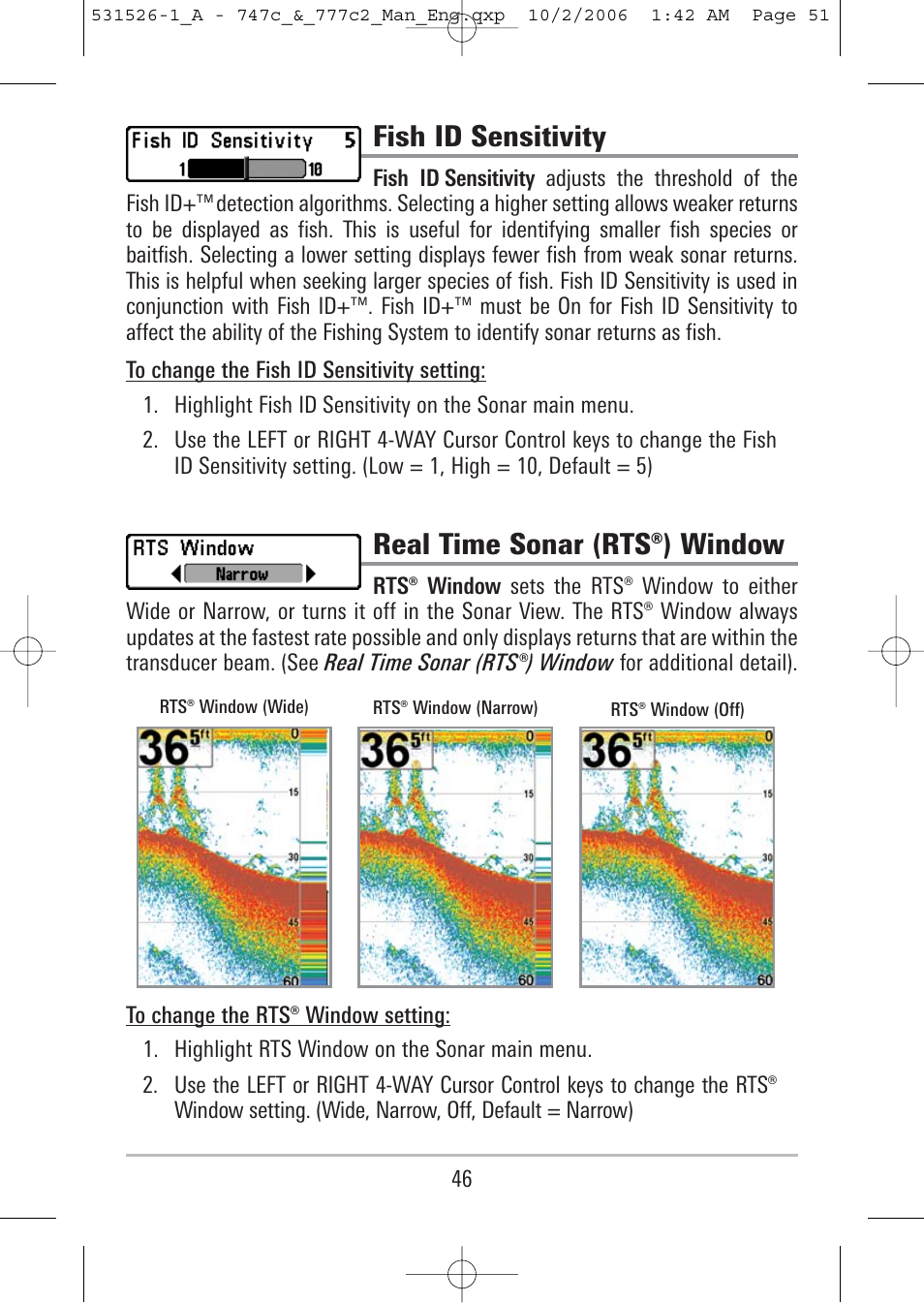 Fish id sensitivity, Real time sonar (rts®) window | Humminbird 777c2 User Manual | Page 51 / 96