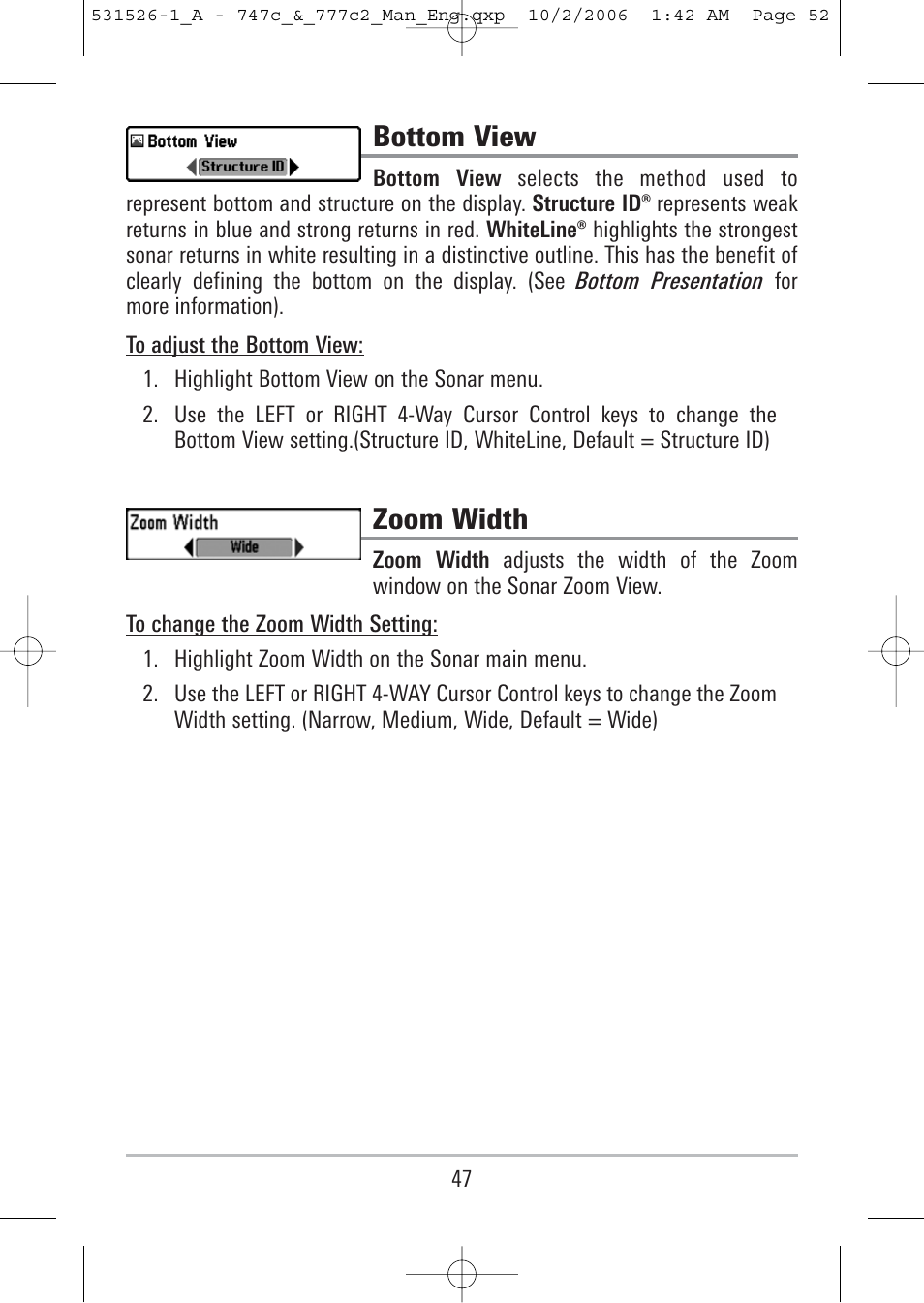 Bottom view, Zoom width | Humminbird 777c2 User Manual | Page 52 / 96