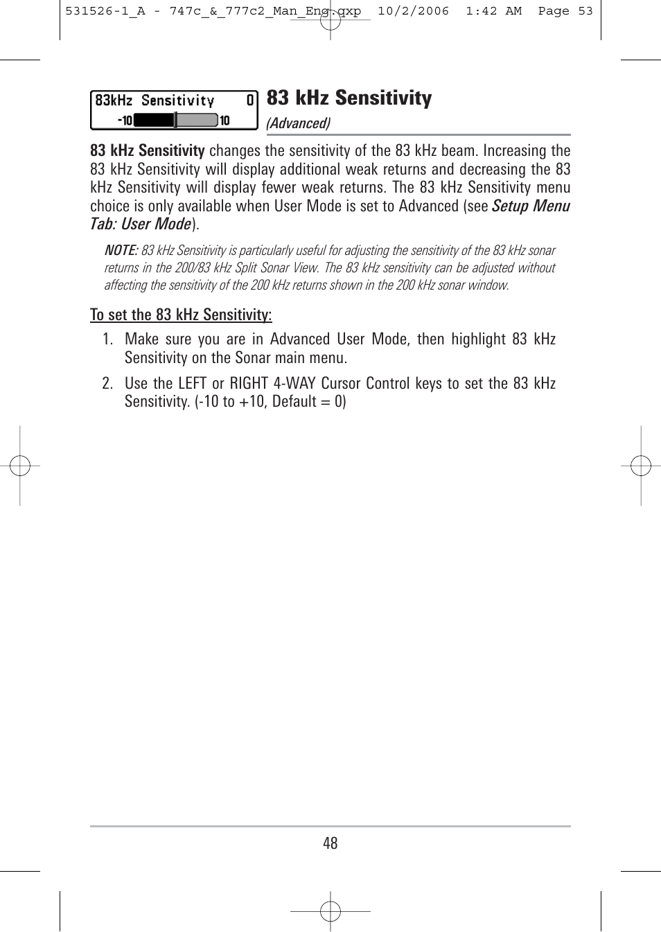 83 khz sensitivity | Humminbird 777c2 User Manual | Page 53 / 96