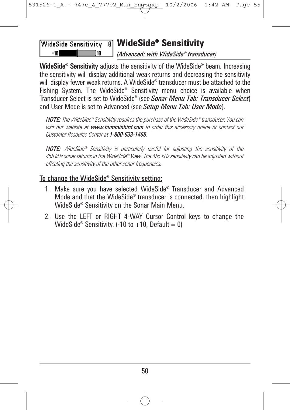 Wideside® sensitivity | Humminbird 777c2 User Manual | Page 55 / 96