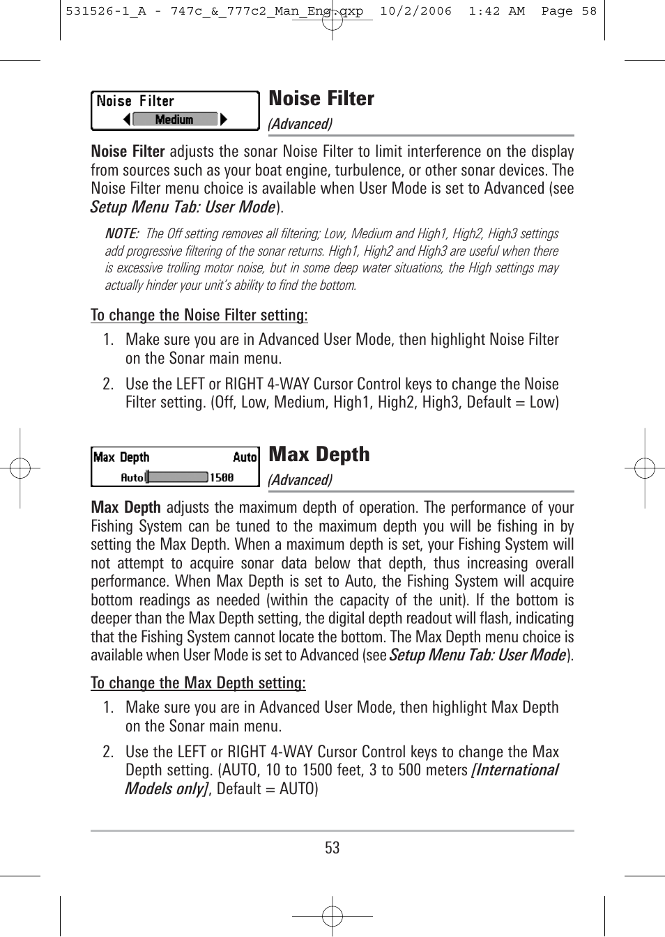 Noise filter, Max depth | Humminbird 777c2 User Manual | Page 58 / 96