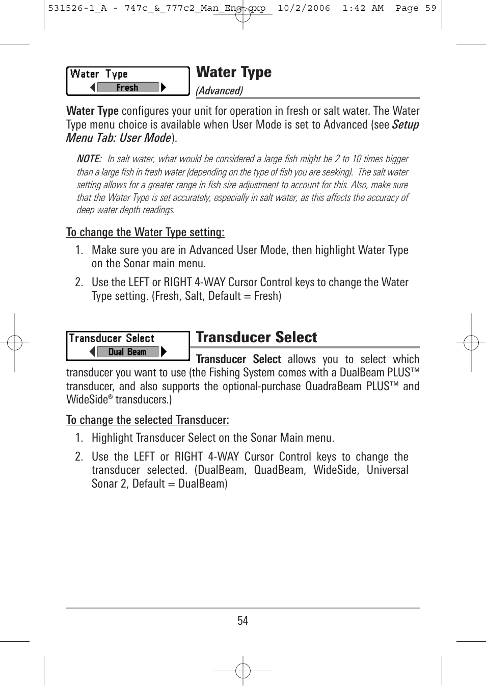 Water type, Transducer select | Humminbird 777c2 User Manual | Page 59 / 96