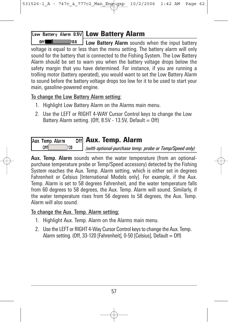 Low battery alarm, Aux. temp. alarm | Humminbird 777c2 User Manual | Page 62 / 96