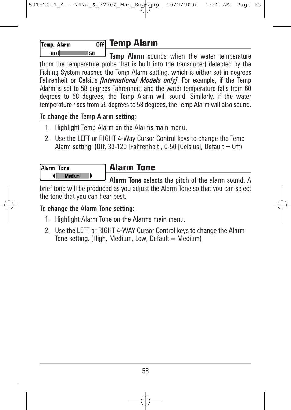 Temp alarm, Alarm tone | Humminbird 777c2 User Manual | Page 63 / 96