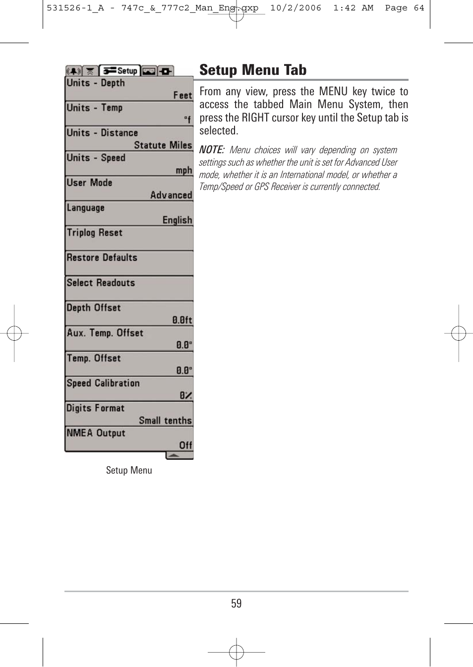 Setup menu tab | Humminbird 777c2 User Manual | Page 64 / 96