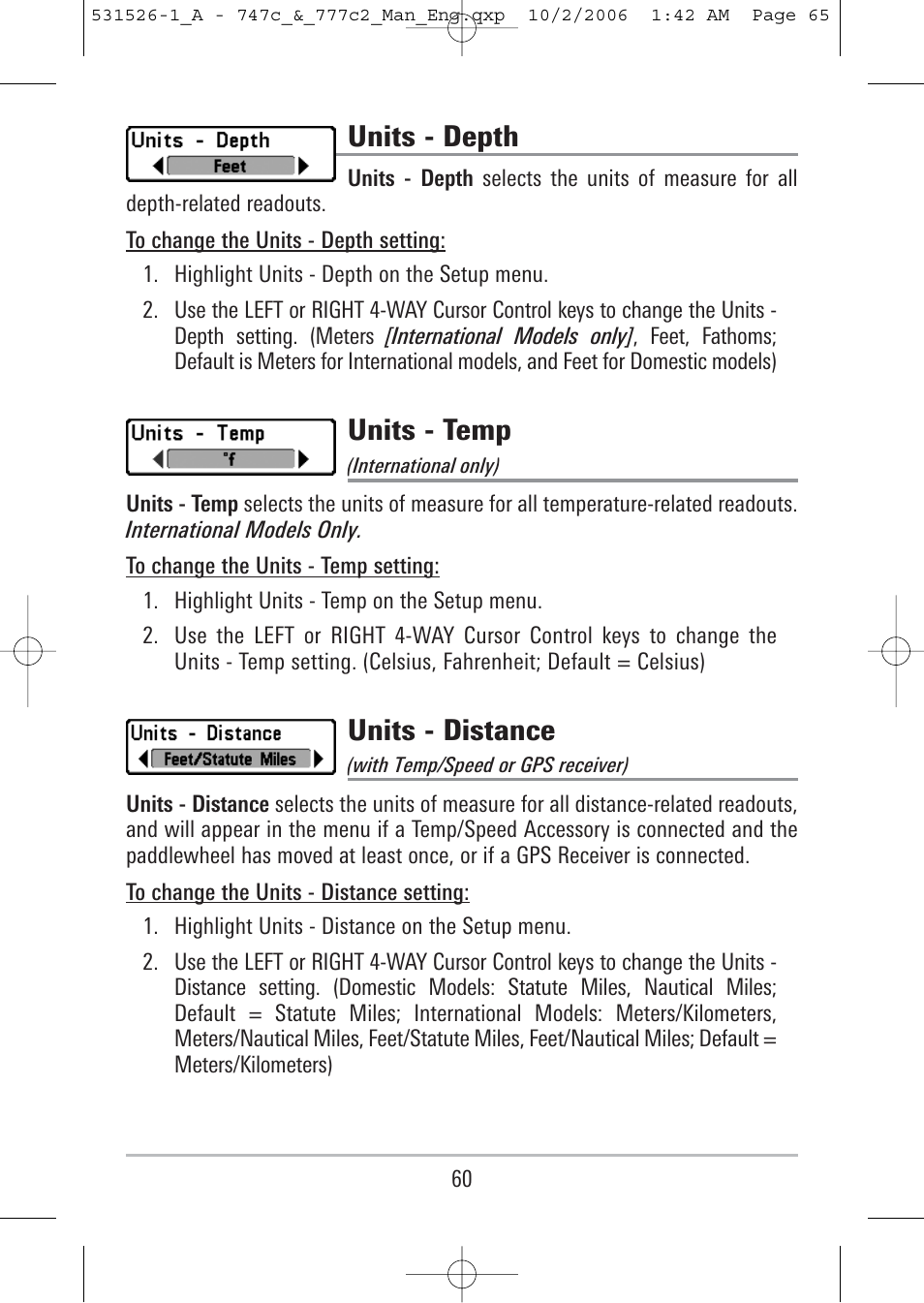 Units - depth, Units - temp, Units - distance | Humminbird 777c2 User Manual | Page 65 / 96