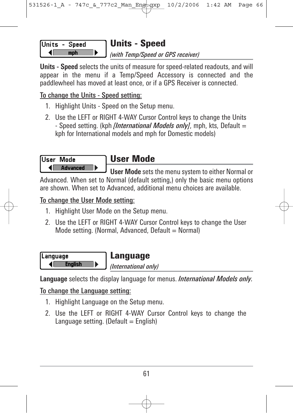 Units - speed, User mode, Language | Humminbird 777c2 User Manual | Page 66 / 96