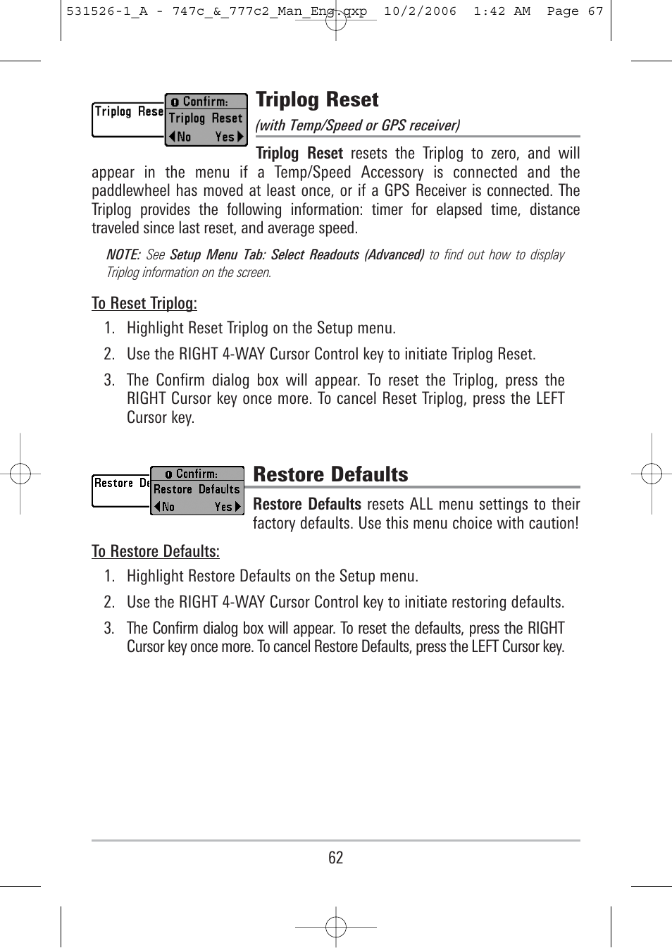 Triplog reset, Restore defaults | Humminbird 777c2 User Manual | Page 67 / 96