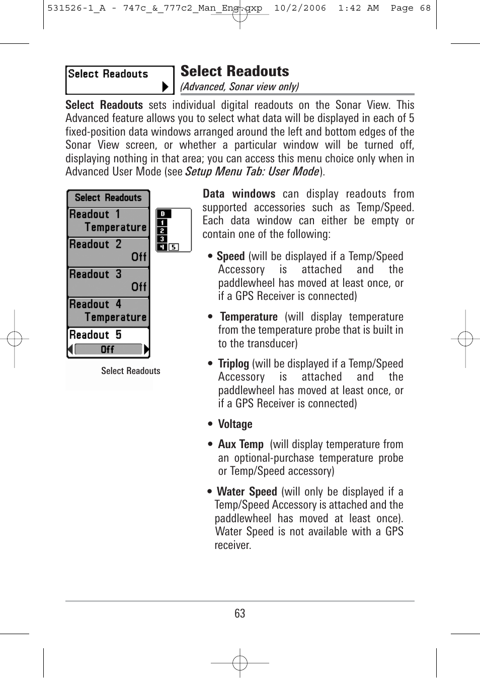 Select readouts | Humminbird 777c2 User Manual | Page 68 / 96