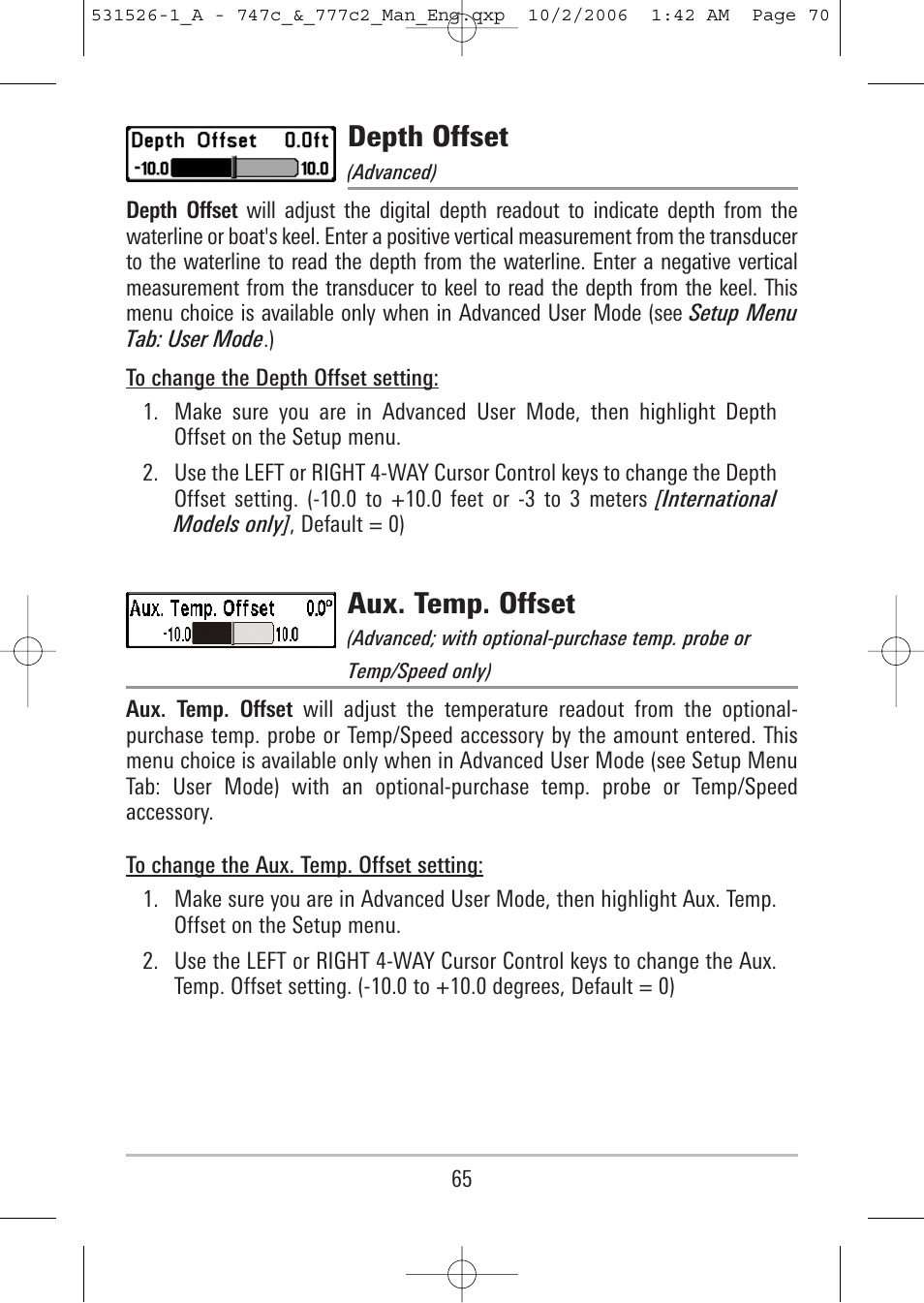 Depth offset, Aux. temp. offset | Humminbird 777c2 User Manual | Page 70 / 96