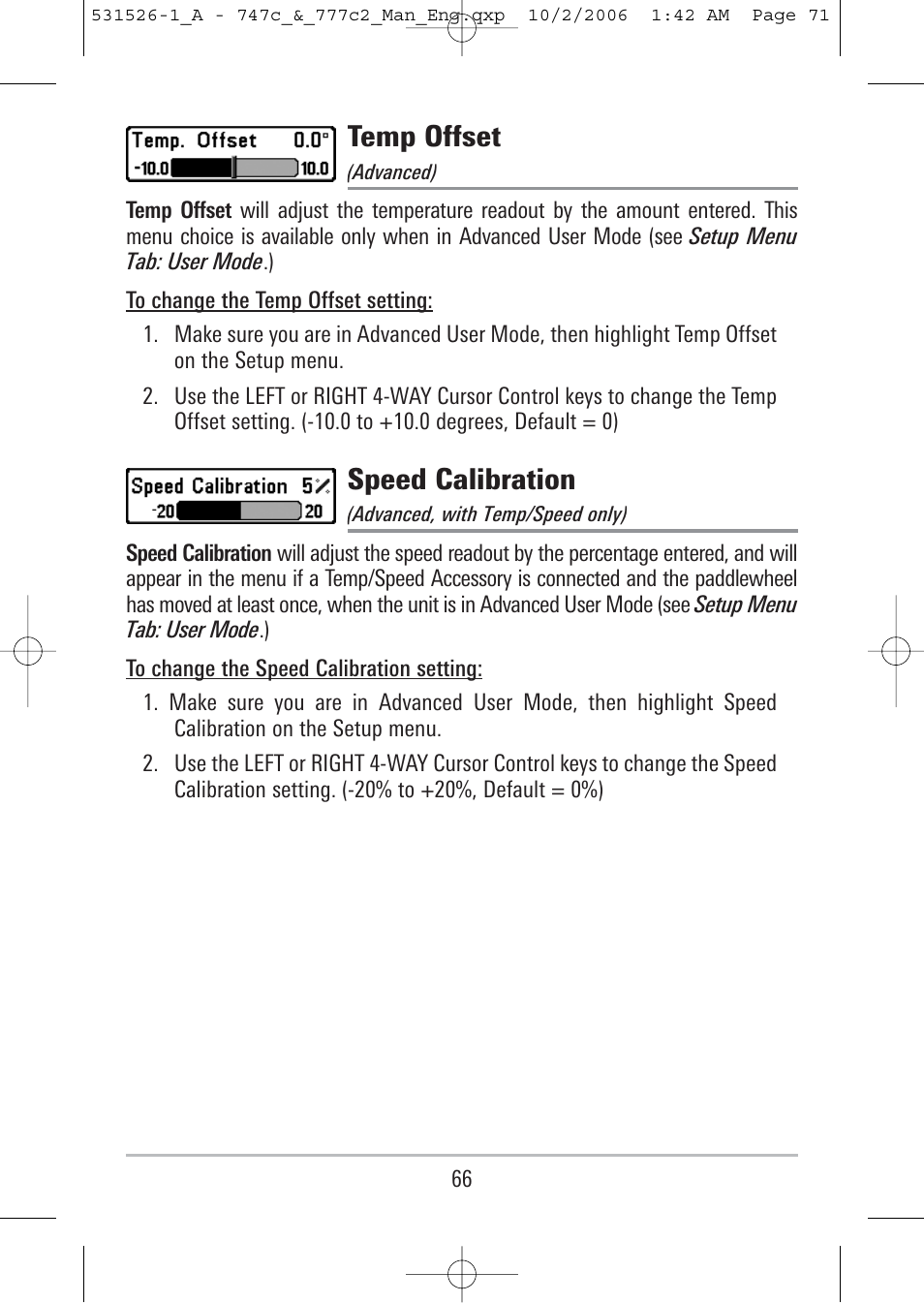 Temp offset, Speed calibration | Humminbird 777c2 User Manual | Page 71 / 96