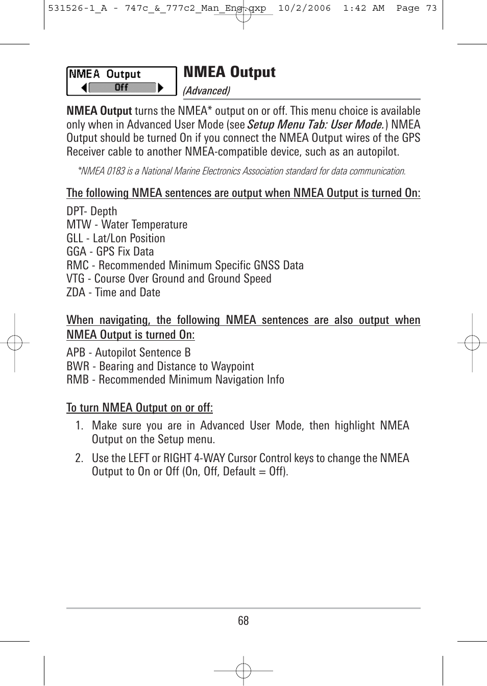 Nmea output | Humminbird 777c2 User Manual | Page 73 / 96