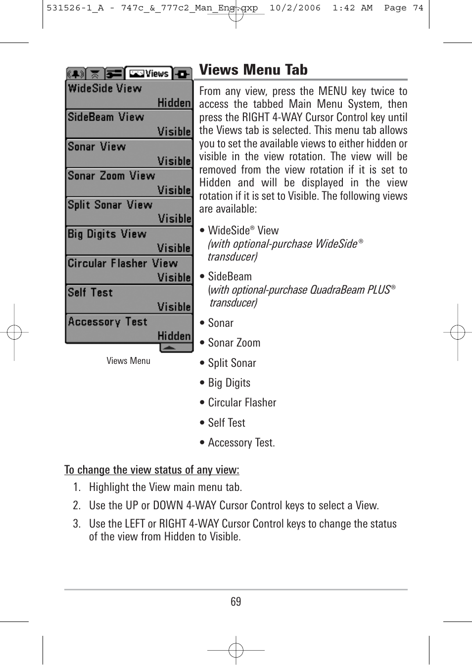 Views menu tab | Humminbird 777c2 User Manual | Page 74 / 96