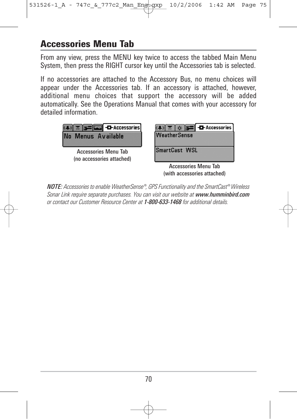 Accessories menu tab | Humminbird 777c2 User Manual | Page 75 / 96