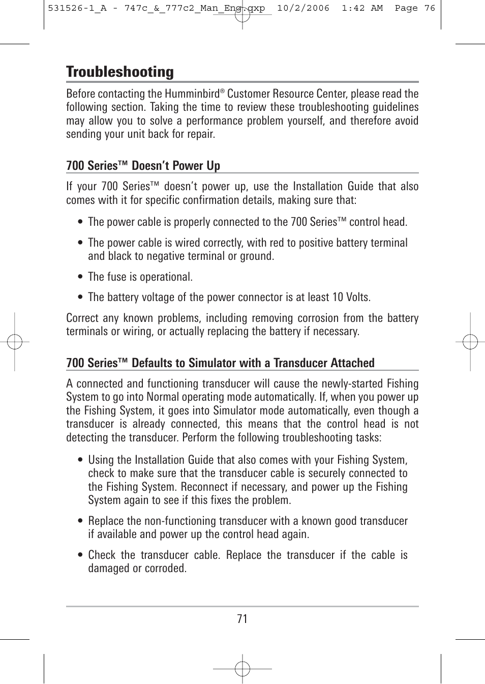 Troubleshooting | Humminbird 777c2 User Manual | Page 76 / 96