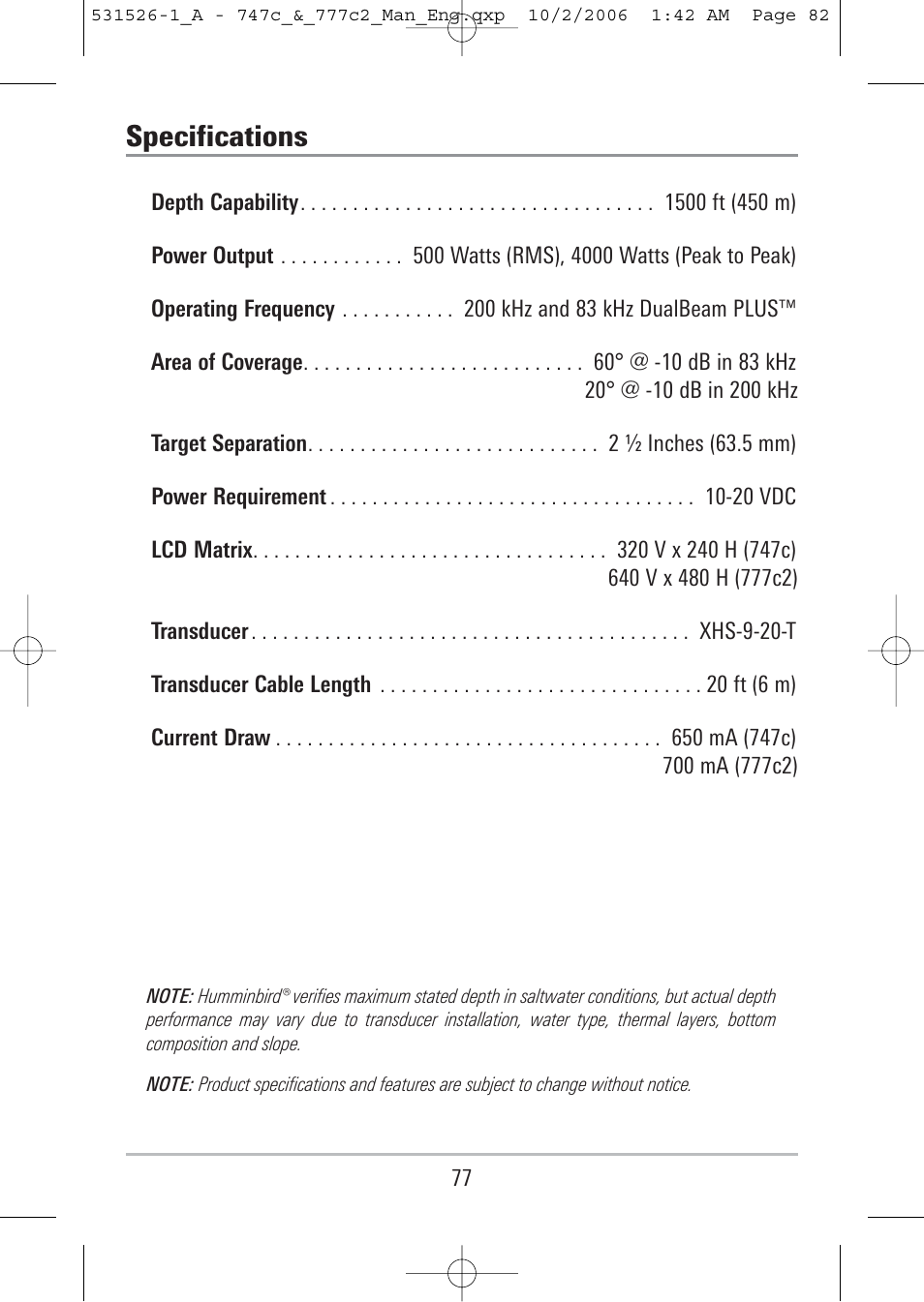 Specifications | Humminbird 777c2 User Manual | Page 82 / 96