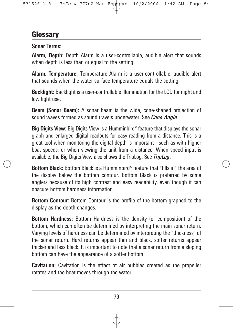 Glossary | Humminbird 777c2 User Manual | Page 84 / 96