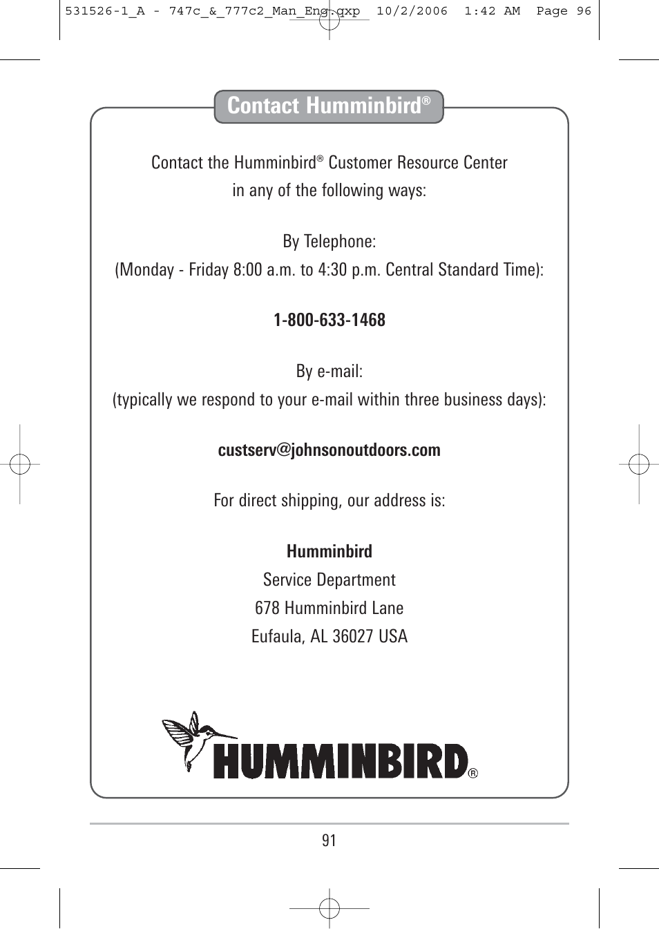 Contact humminbird | Humminbird 777c2 User Manual | Page 96 / 96