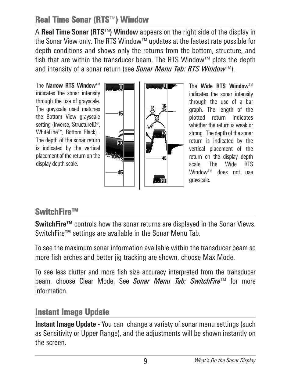 Real time sonar (rts™) window, Switchfire, Instant image update | Humminbird 560 User Manual | Page 16 / 65