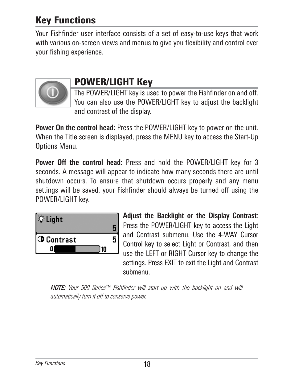 Key functions, Power/light key | Humminbird 560 User Manual | Page 25 / 65