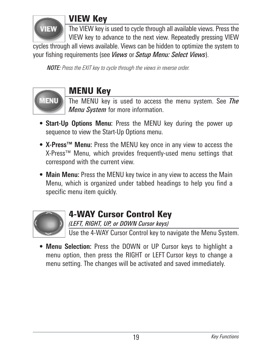 View key, Menu key, Way cursor control key | Humminbird 560 User Manual | Page 26 / 65