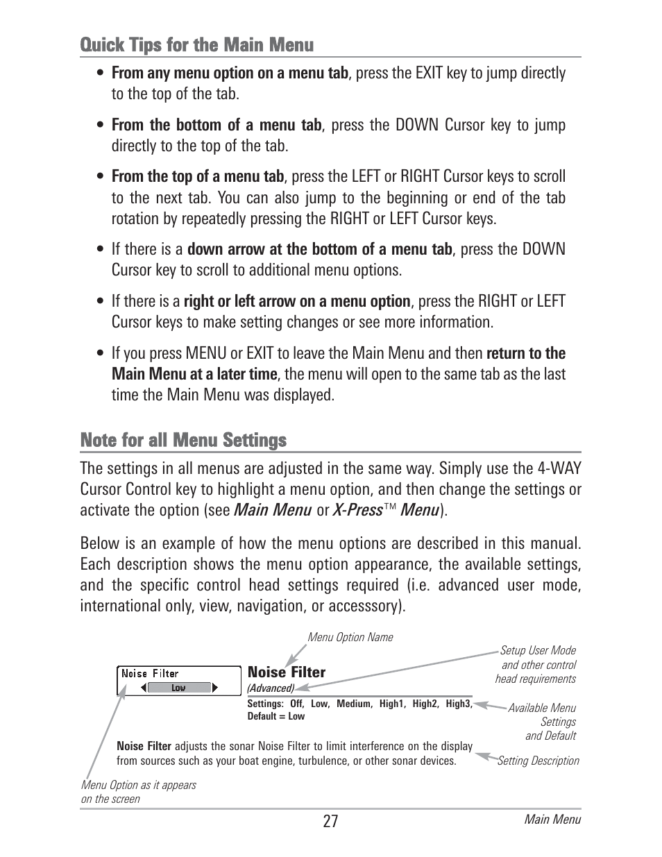 Quick tips for the main menu, Note for all menu settings | Humminbird 560 User Manual | Page 34 / 65