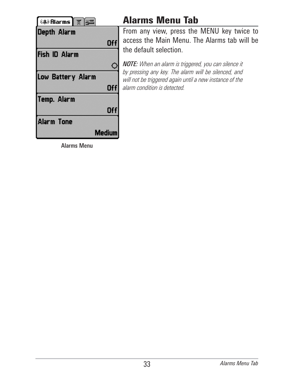 Alarms menu tab | Humminbird 560 User Manual | Page 40 / 65