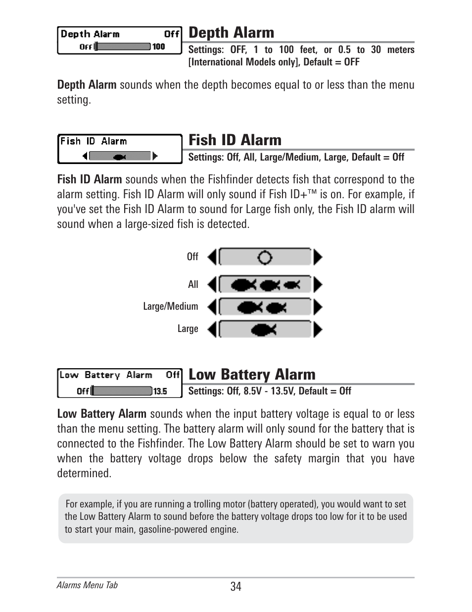 Depth alarm, Fish id alarm, Low battery alarm | Humminbird 560 User Manual | Page 41 / 65