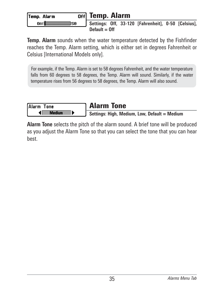 Temp. alarm, Alarm tone | Humminbird 560 User Manual | Page 42 / 65