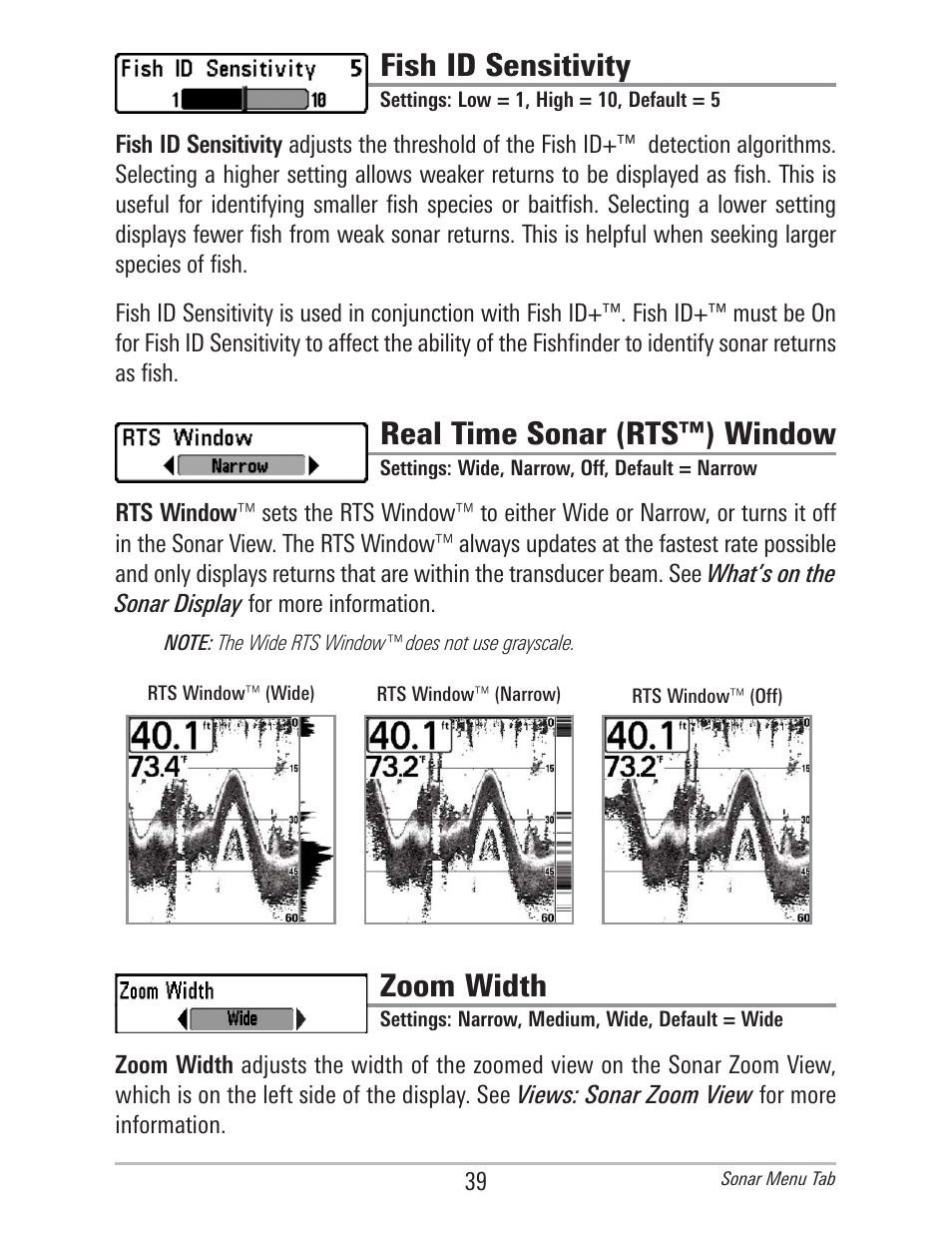 Fish id sensitivity, Real time sonar (rts™) window, Zoom width | Humminbird 560 User Manual | Page 46 / 65