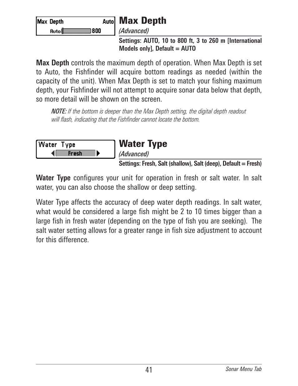 Max depth, Water type | Humminbird 560 User Manual | Page 48 / 65