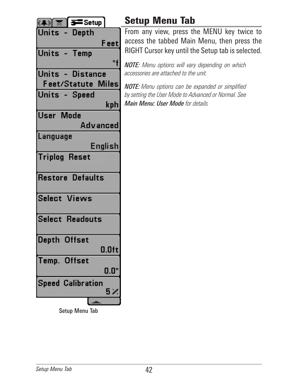 Setup menu tab | Humminbird 560 User Manual | Page 49 / 65