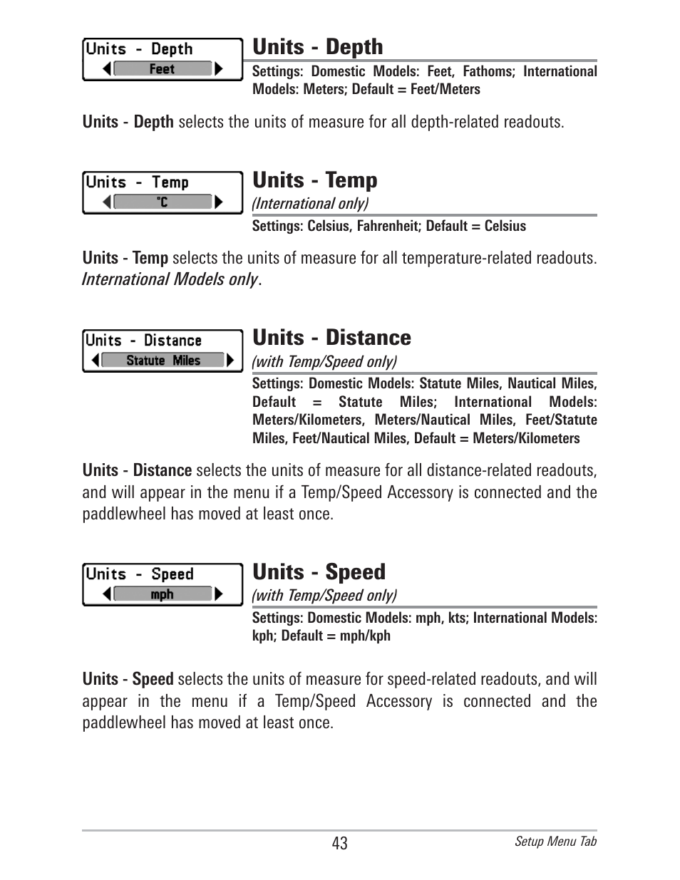 Units - depth, Units - temp, Units - distance | Units - speed | Humminbird 560 User Manual | Page 50 / 65