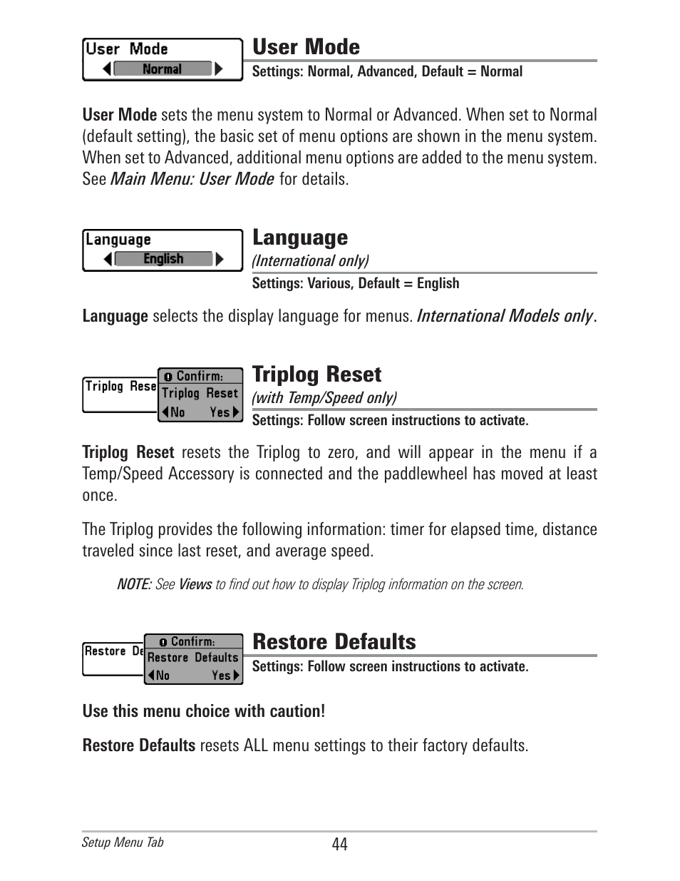 User mode, Language, Triplog reset | Restore defaults | Humminbird 560 User Manual | Page 51 / 65