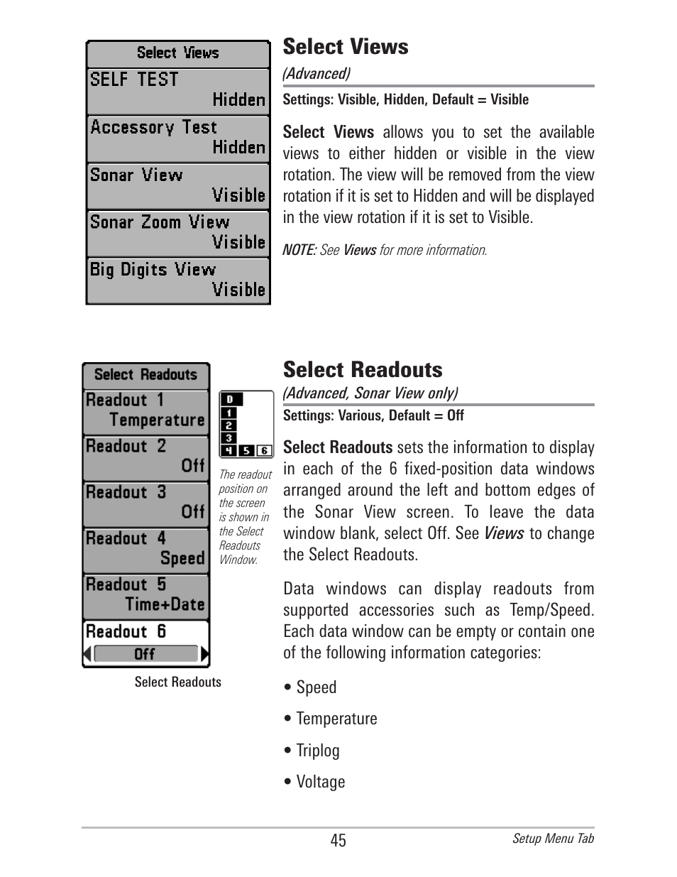 Select views, Select readouts | Humminbird 560 User Manual | Page 52 / 65