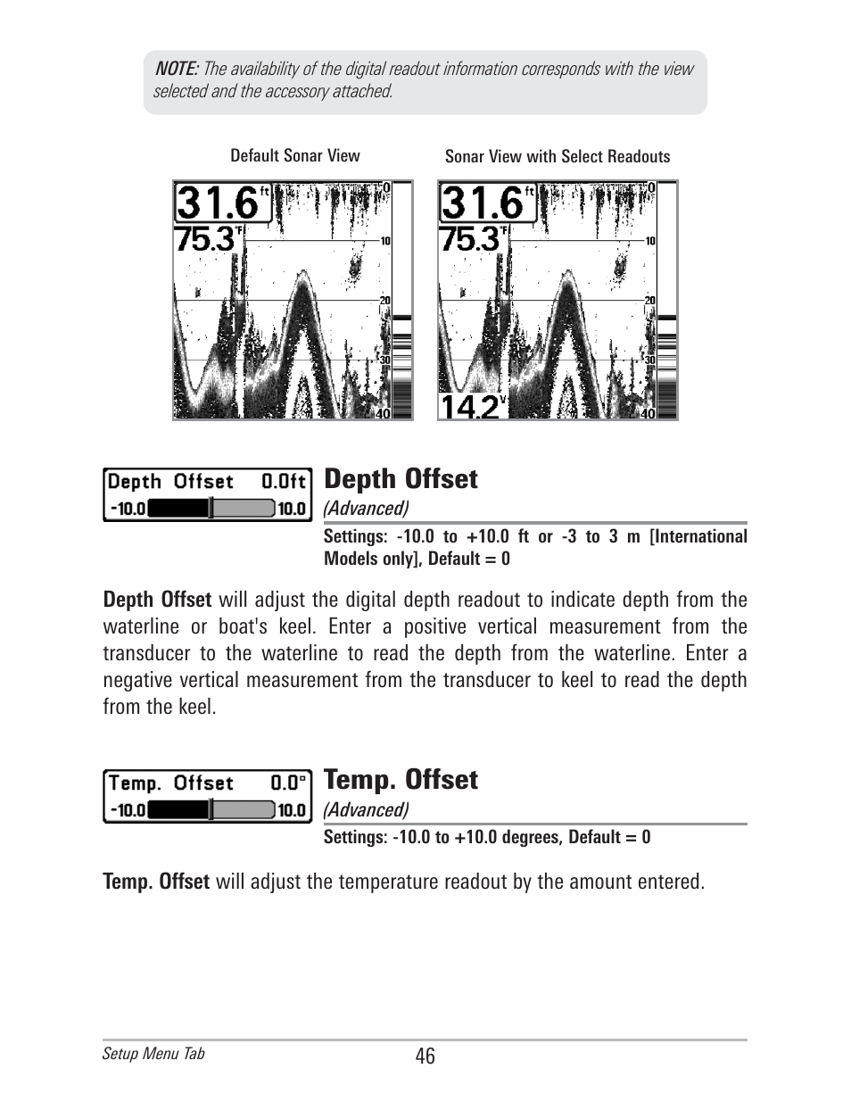 Depth offset, Temp. offset | Humminbird 560 User Manual | Page 53 / 65