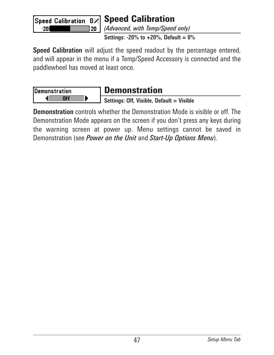 Speed calibration, Demonstration | Humminbird 560 User Manual | Page 54 / 65