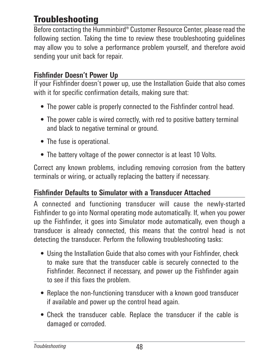 Troubleshooting | Humminbird 560 User Manual | Page 55 / 65