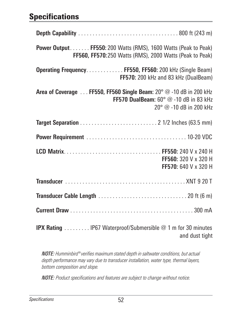 Specifications | Humminbird 560 User Manual | Page 59 / 65