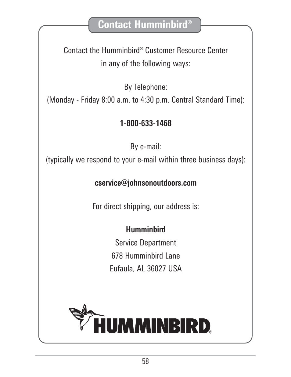 Contact humminbird | Humminbird 560 User Manual | Page 65 / 65