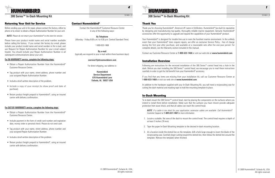 Humminbird 531483-1_D User Manual | 2 pages