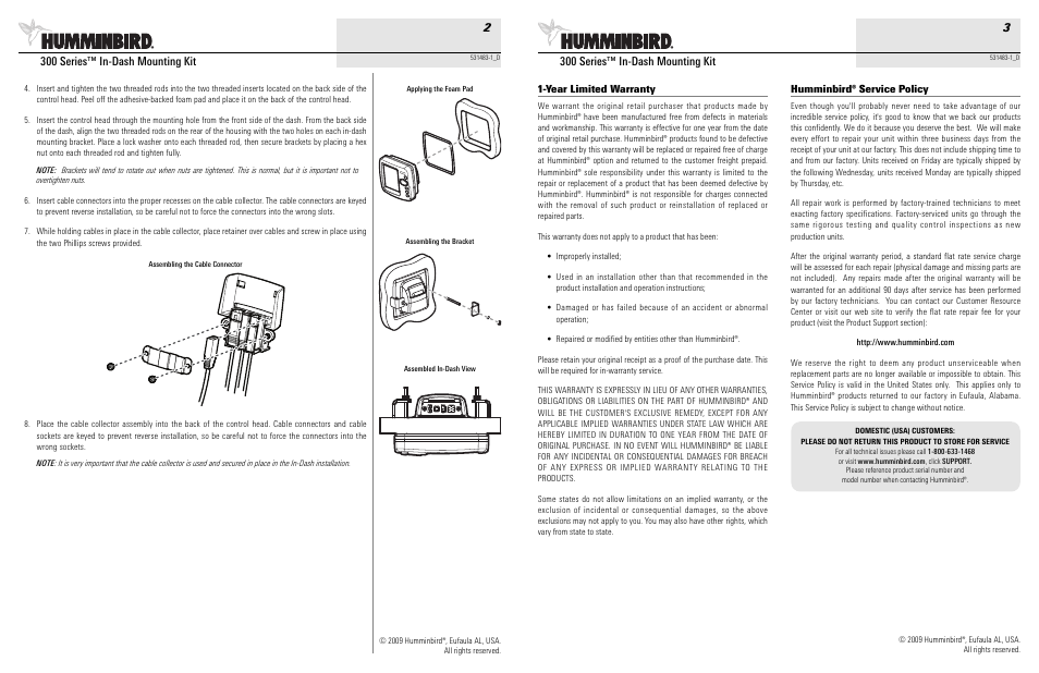 300 series™ in-dash mounting kit 3, 300 series™ in-dash mounting kit 2, Year limited warranty | Humminbird® service policy | Humminbird 531483-1_D User Manual | Page 2 / 2