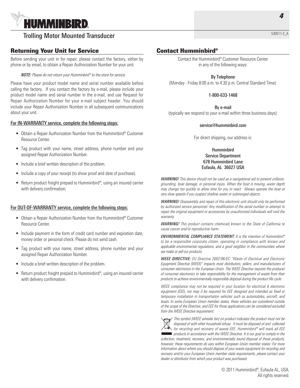 Trolling motor mounted transducer 4, Returning your unit for service, Contact humminbird | Humminbird 530511-3_A User Manual | Page 4 / 4