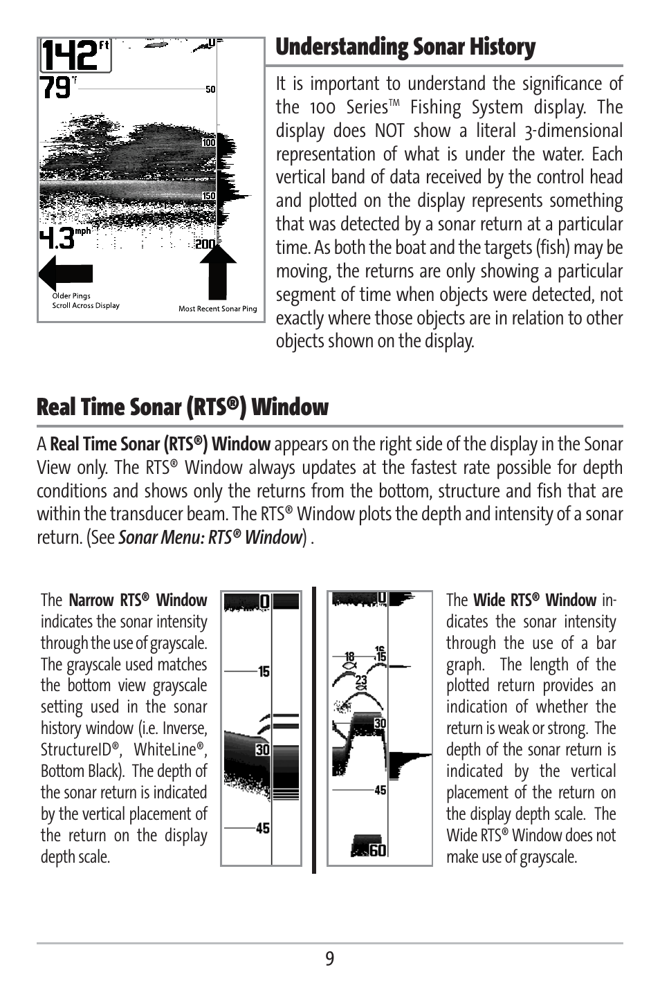 Understanding sonar history, Real time sonar (rts®) window | Humminbird 161 User Manual | Page 16 / 112