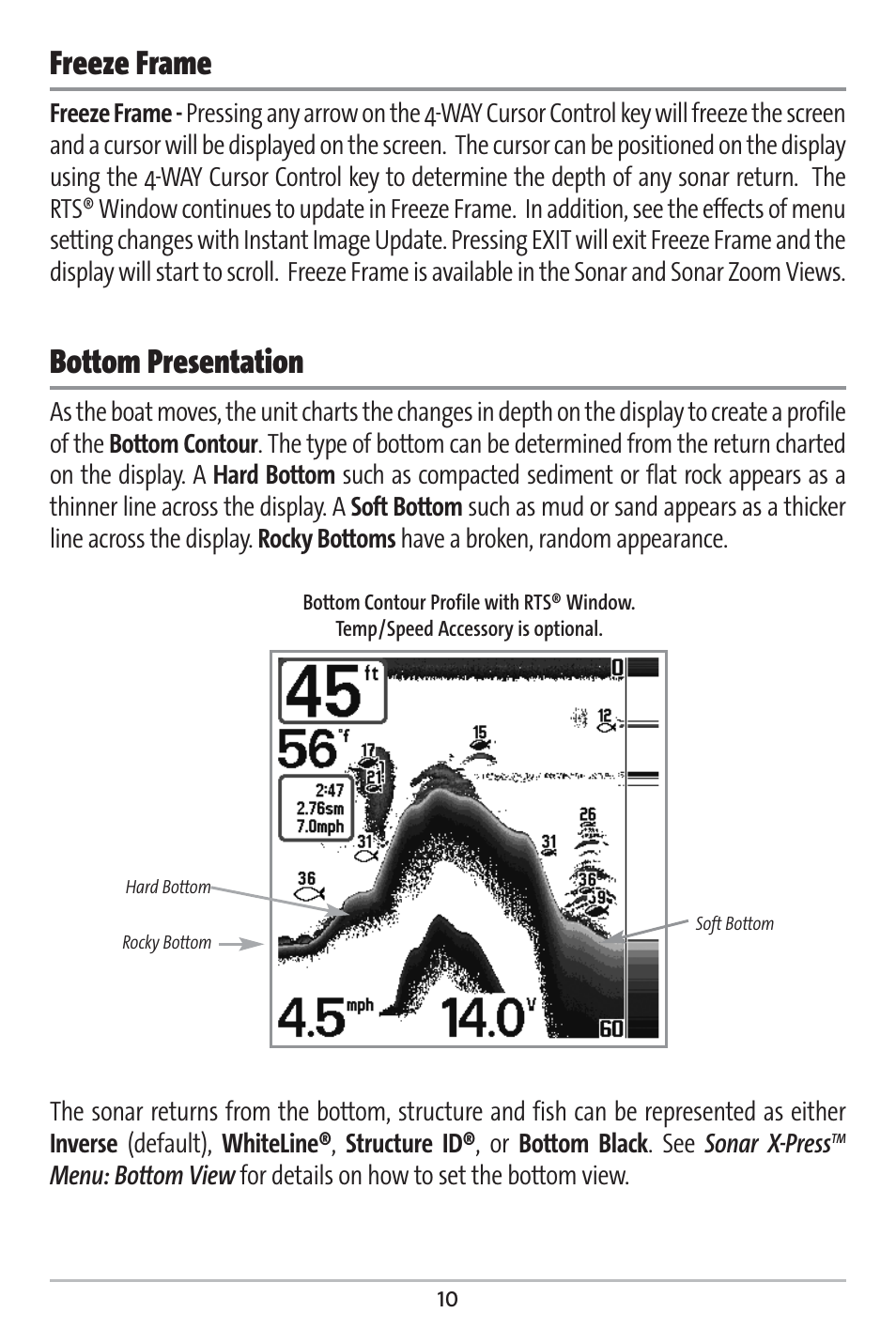 Freeze frame, Bottom presentation | Humminbird 161 User Manual | Page 17 / 112