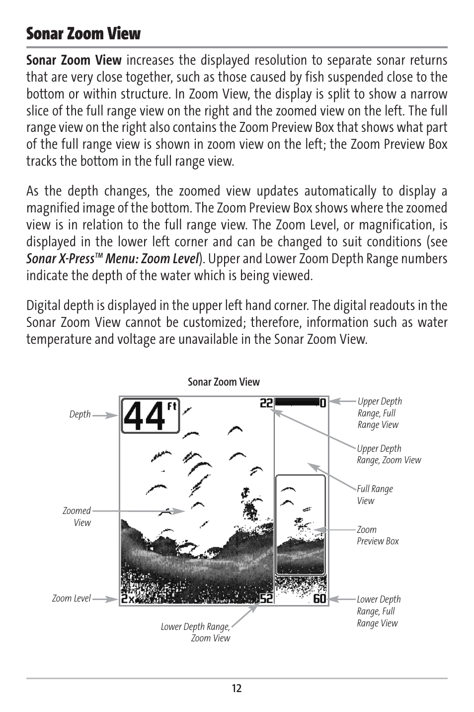 Sonar zoom view | Humminbird 161 User Manual | Page 19 / 112